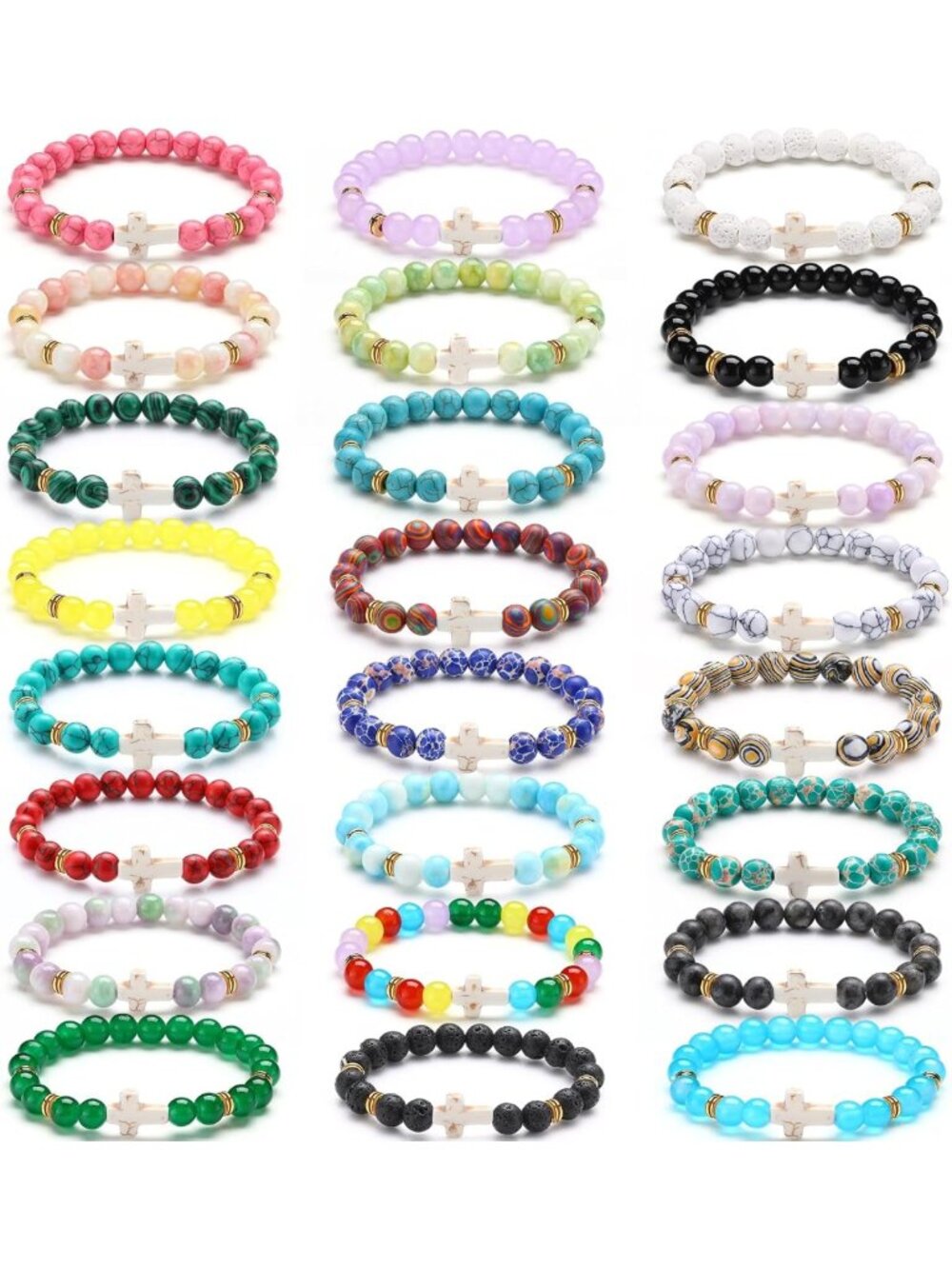 24 Pcs Cross Beaded Bracelets Set - 8mm Christian Stone Jewelry for Faith
